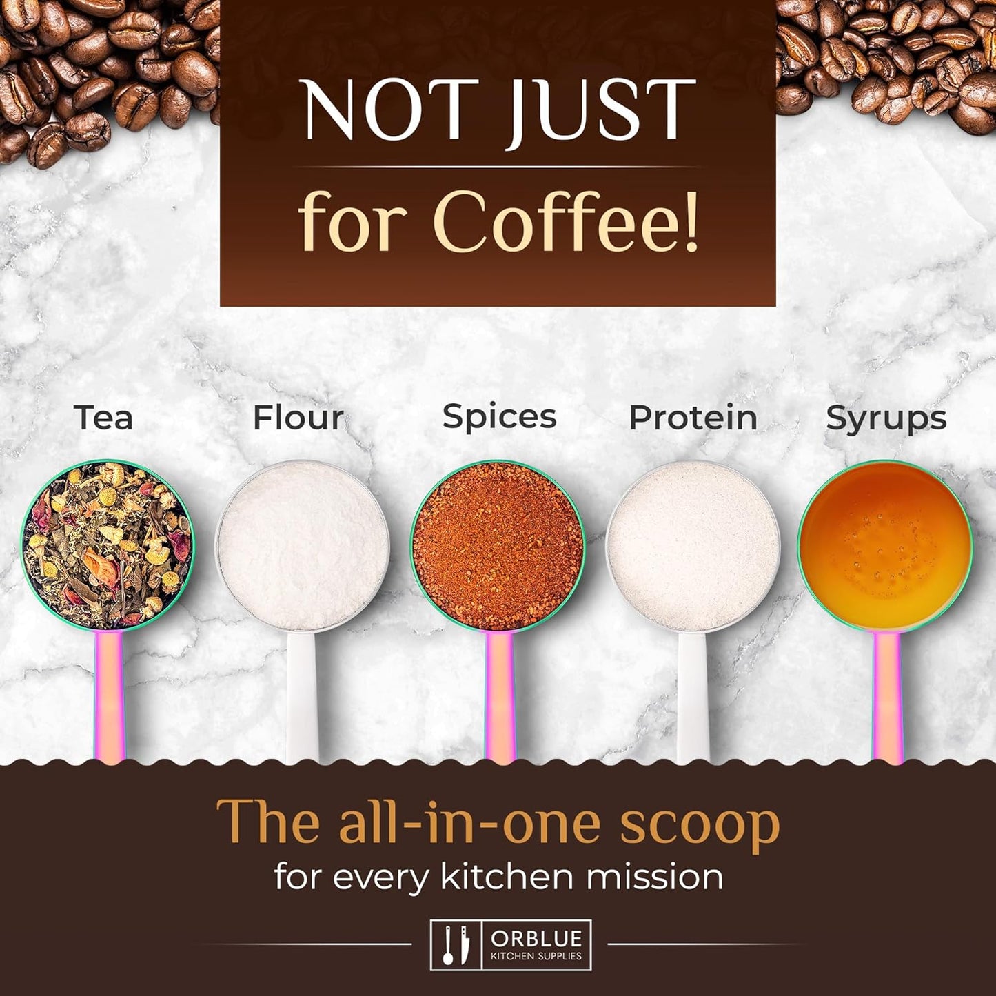 Orblue Premium Coffee Scoop Set - 1 Tbsp (15ml) & 2 Tbsp (30ml) Measuring Tablespoon - Stainless Steel Coffee Measuring Spoon and Scooper with Long Handles - Pack of 2 - Rose Gold