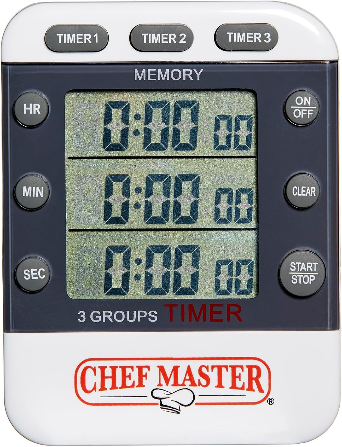 3-Channel Digital Timer by Chef Master, Triple Channel Count Up/Down Kitchen Digital Timer for Cooking, Roasting, Grilling, Marinade, Boiling, Baking, Pocket Clip, Stand & Magnet for Hands Free -90271