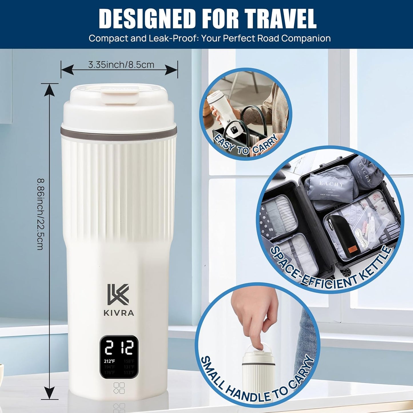 KIVRA Travel Kettle-316 Stainless Steel Portable kettle, 450mL Portable Water Boiler with 6 Temperature Control, Auto Shut Off & Boil Dry Protection, Small Electric Kettle for Global Use (100-240V)