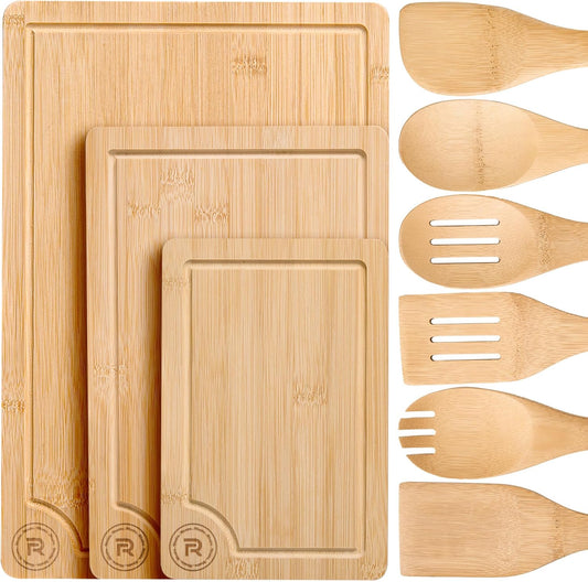 Riveira Bamboo Cutting Boards For Kitchen with Wooden Spoons For Cooking – Set of 3 Pcs Wooden Cutting Board & 6 Bamboo Spoons – Wooden Cutting Boards For Kitchen – Complete Wooden Cooking Utensils