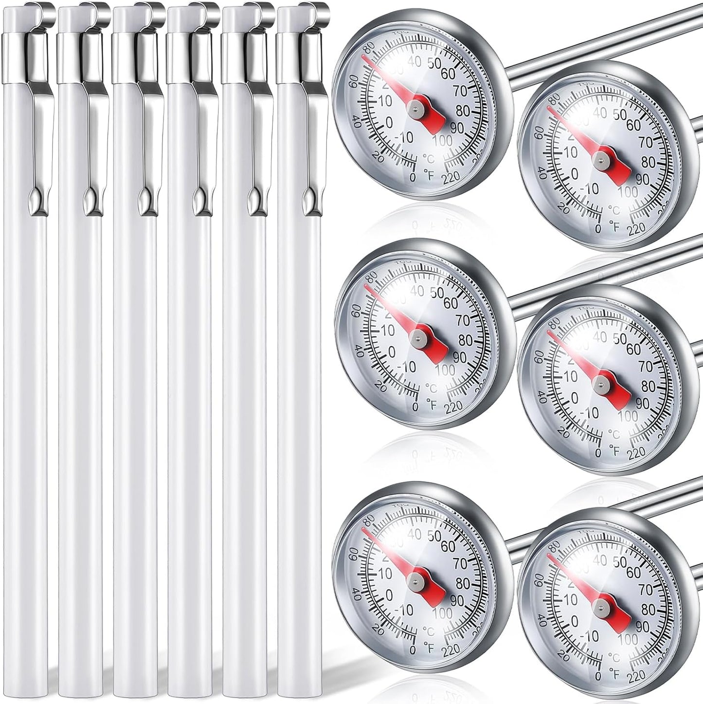 Xuhal 6 Pcs Stainless Steel Kitchen Thermometer with 5 Inch Long Stem 1 Inch Dial Thermometer Milk Frothing Food for Oven Probe Meat Grill BBQ Cooking Chocolate Water(White)