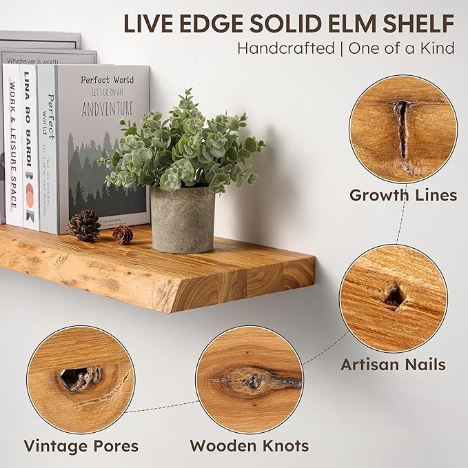 Floating Shelves Set of 2, Solid Elm Wood Wall Shelves 32 Inch - Image 7