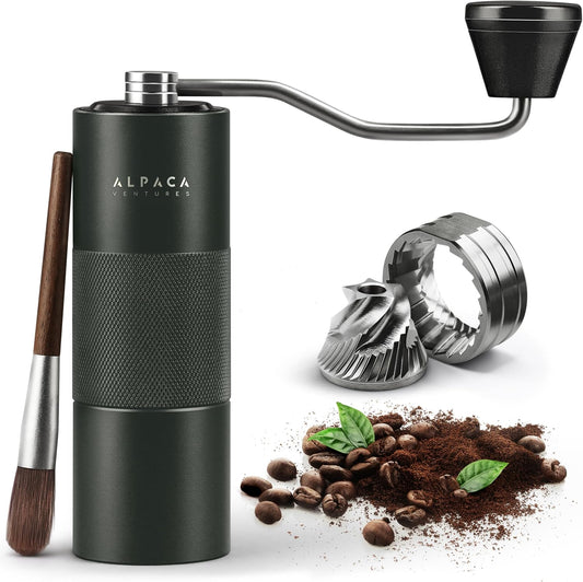 Manual Coffee Grinder by Alpaca Ventures - Stainless Steel Conical Burr Coffee Grinder Manual with Adjustable Setting Double Bearing Hand Espresso Grinder Perfect for Home, Office and Camping