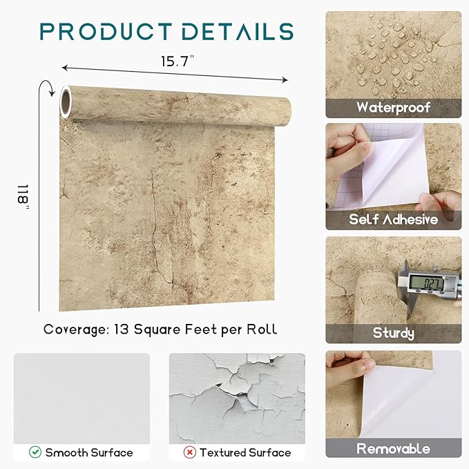 VEELIKE Aged Tan Concrete Wallpaper Peel and Stick Textured Distressed Concrete - Image 8