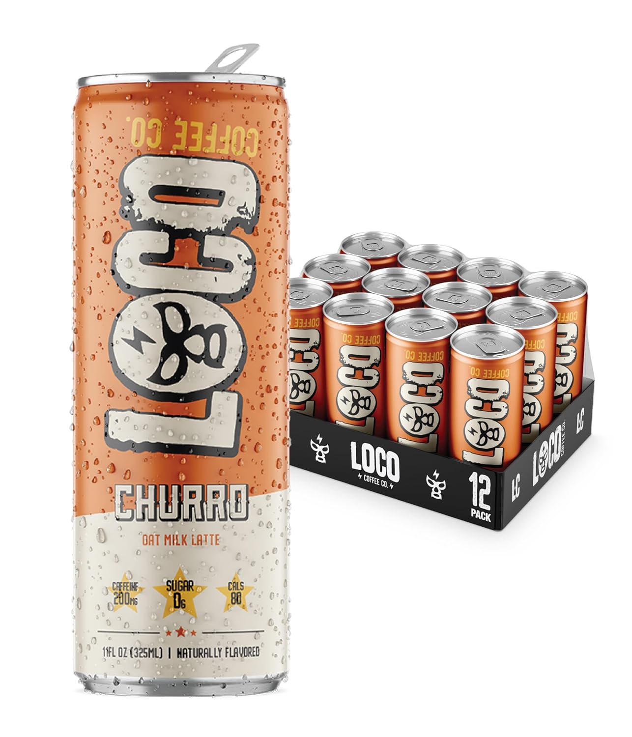 Loco Coffee Churro Latte 11 Ounce Can, 12 Count | Zero Sugar, 200mg Caffeine | Gluten Free and Dairy Free | Low Calorie Iced Coffee