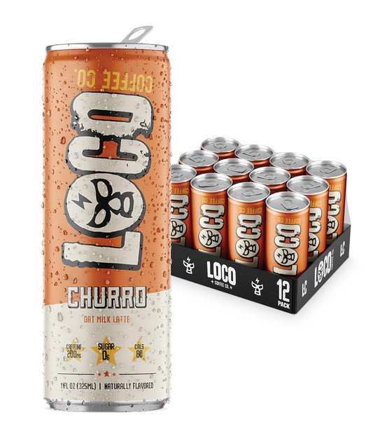 Loco Coffee Churro Latte 11 Ounce Can, 12 Count | Zero Sugar, 200mg Caffeine | Gluten Free and Dairy Free | Low Calorie Iced Coffee