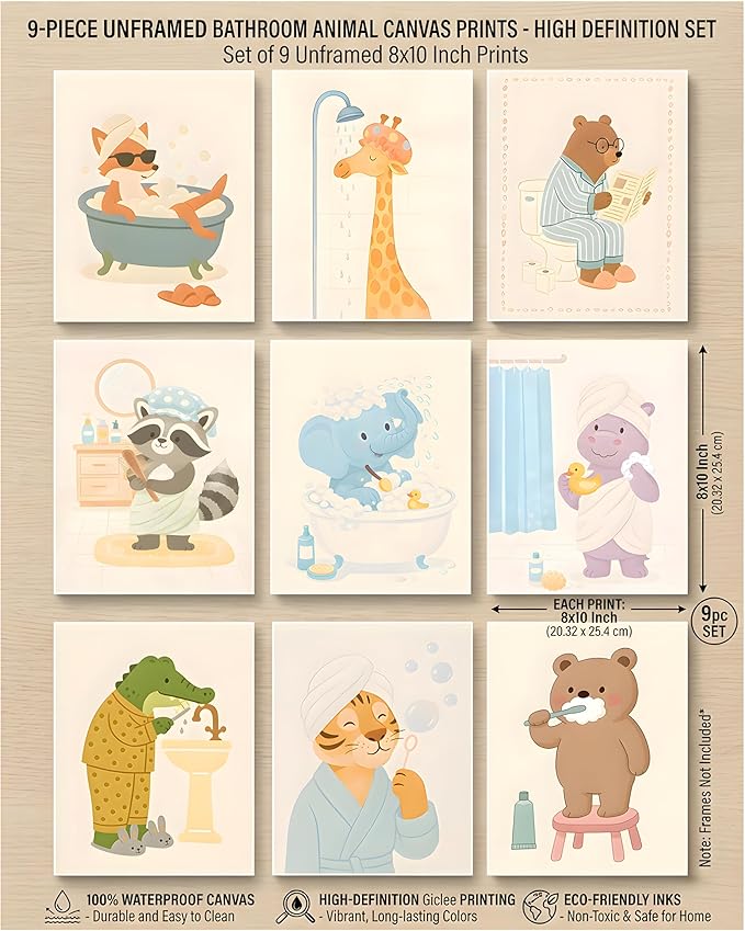 tgguytiy Kids Bathroom Wall Art Set of 9 Cute Animal Bathroom Decor - Image 3