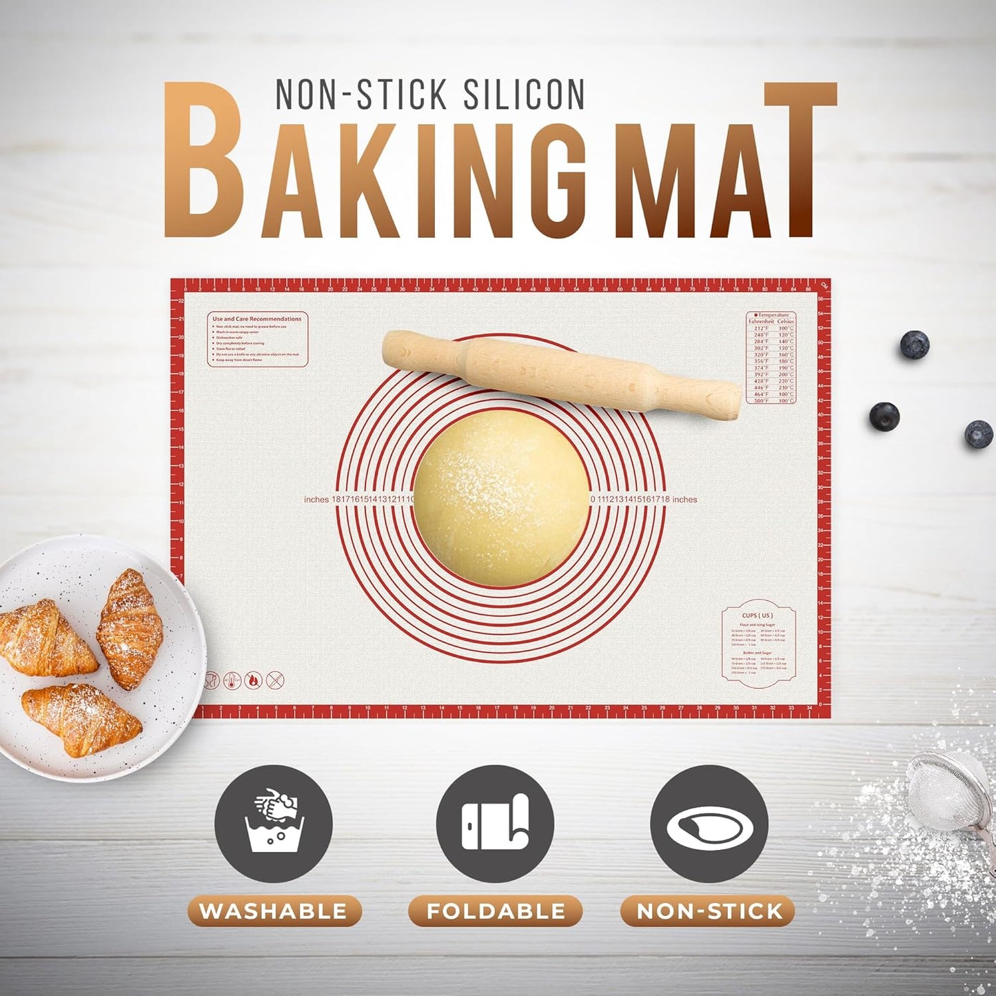 26 * 16 inches Red, Non-Slip Silicone Baking Sheets - Baking Mat with 0.7mm Thickness - Non-Stick Pastry & Cookie Mat for Kitchen Counter for Rolling Out Dough with Measurements.