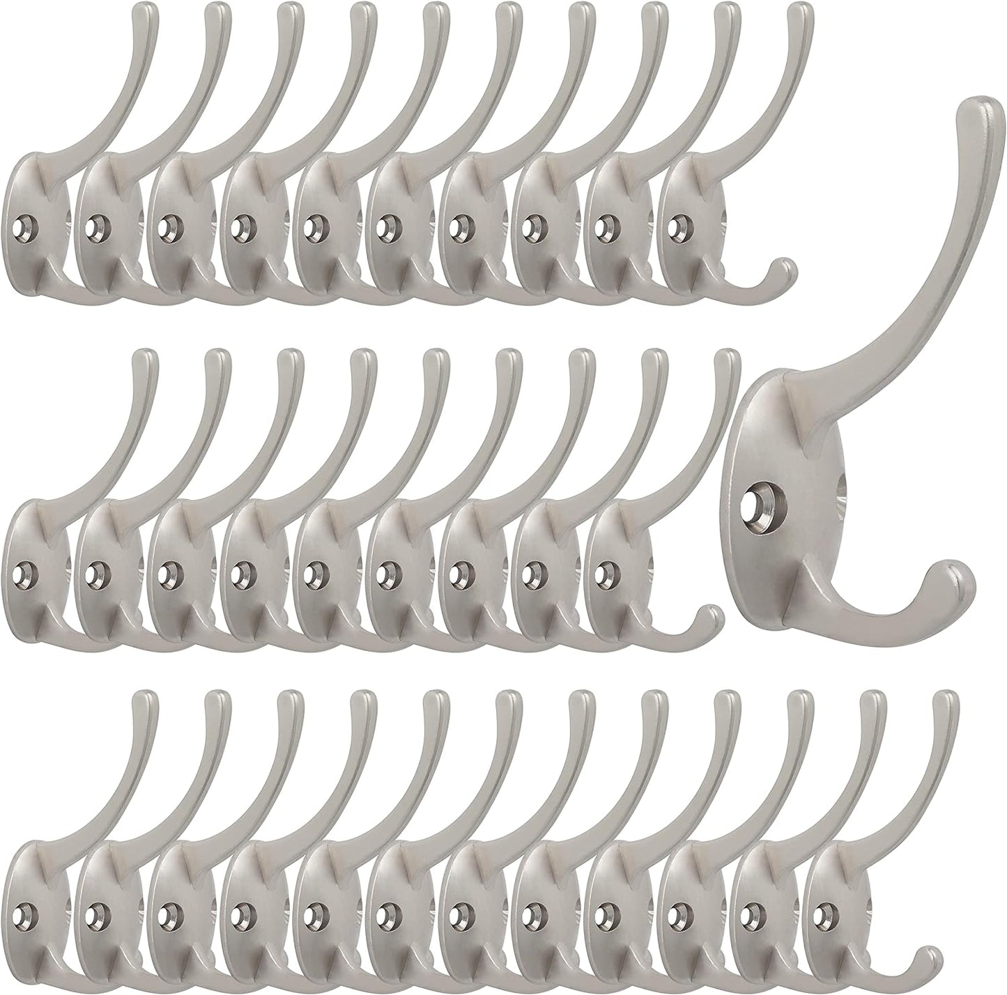 IBosins 32 Pack Silver Coat Hooks Wall Mounted with 64 Screws Retro Double Hooks Utility Silver Hooks for Coat, Scarf, Bag, Towel, Key, Cap, Cup, Hat