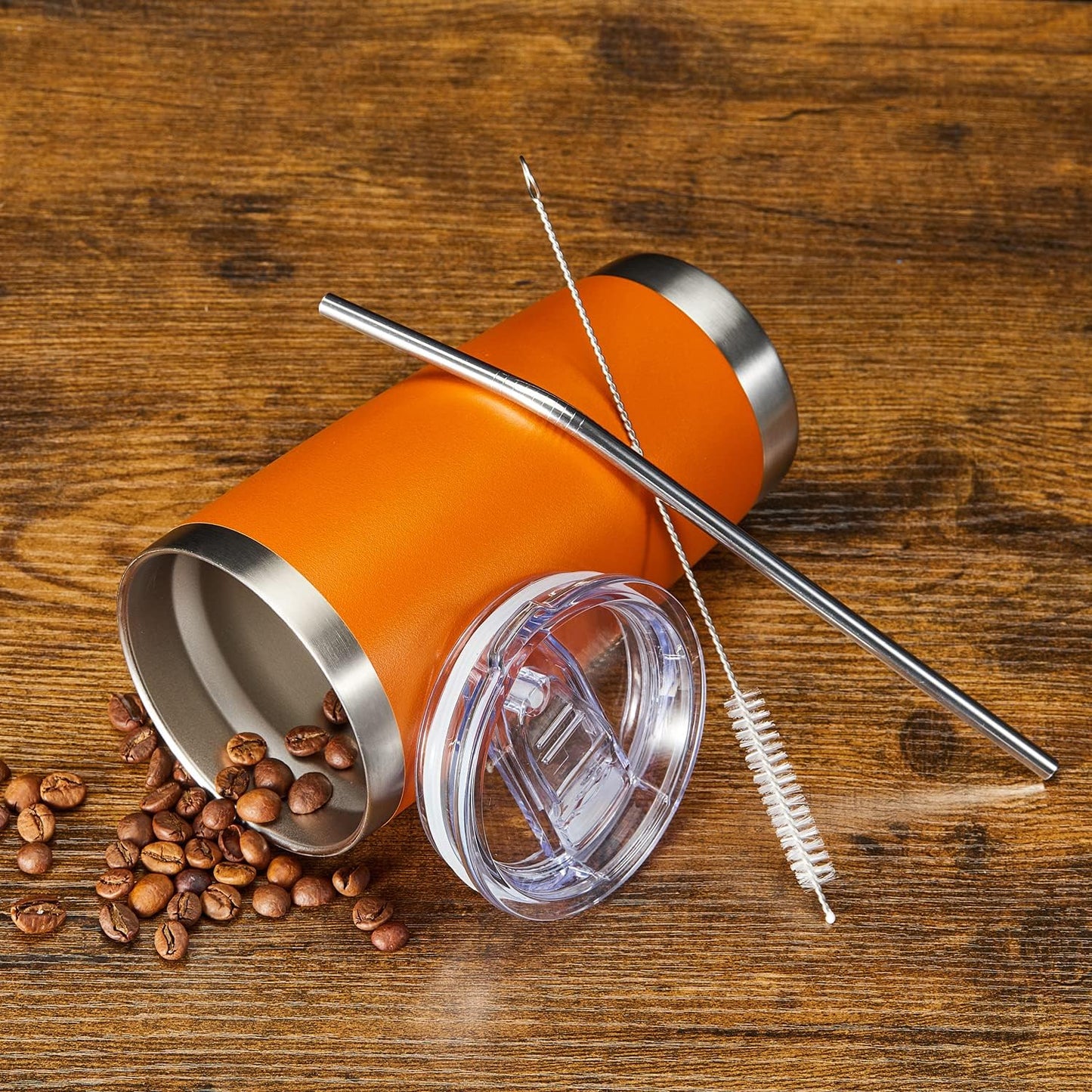 COMOOO 20oz Double Wall Vacuum Insulated Travel Mug, Stainless Steel Tumbler with Lid and Straw Durable Powder Coated Insulated Coffee Cup for Cold & Hot Drinks（Orange, 1 Pack）