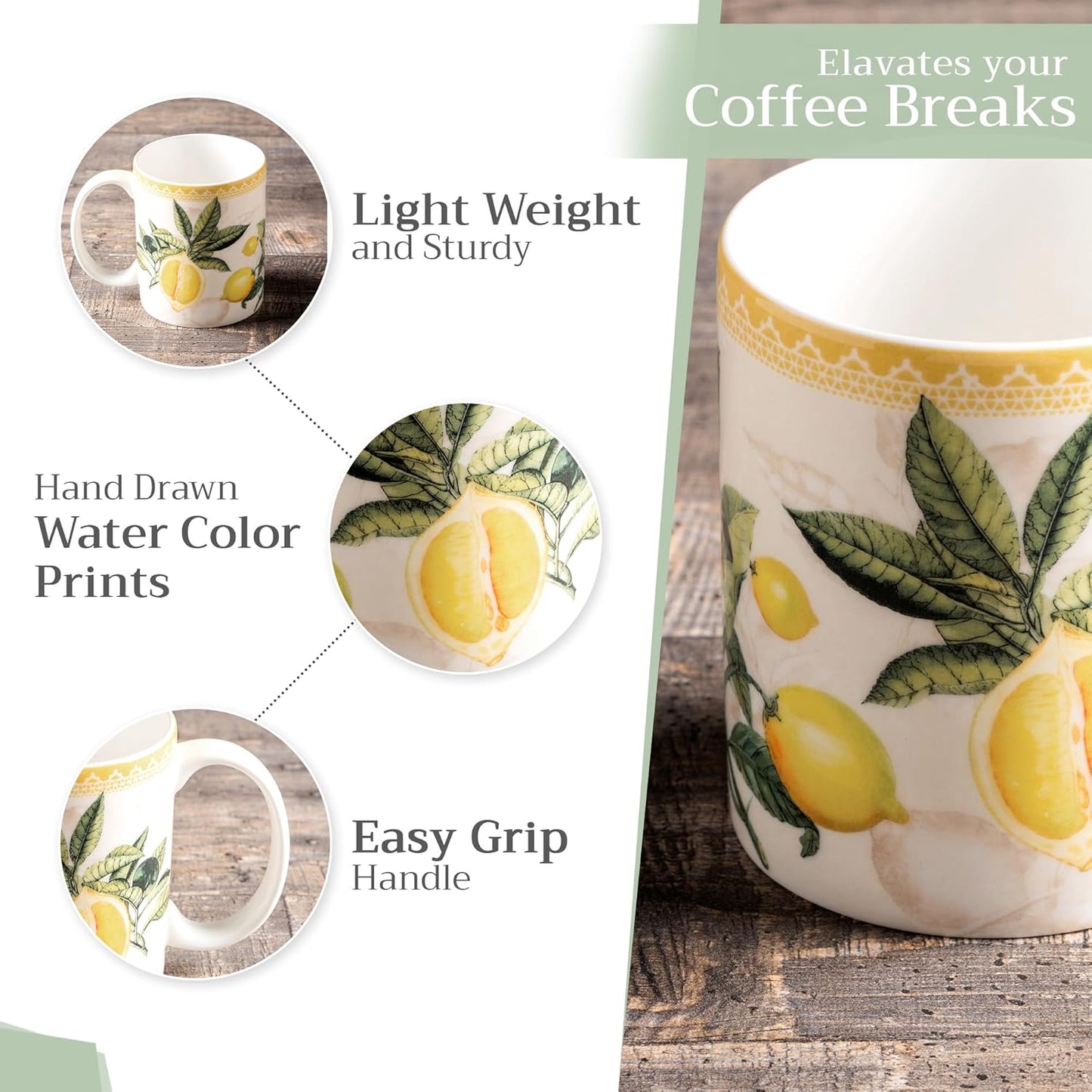 Maison d' Hermine Coffee Mug with Handles Fine Bone China Mugs Pack of Two Tea Cups for Hot Beverages Cappuccino Latte Home Restaurant Office Perfect for Gift (Limoncello, 12 Ounce)