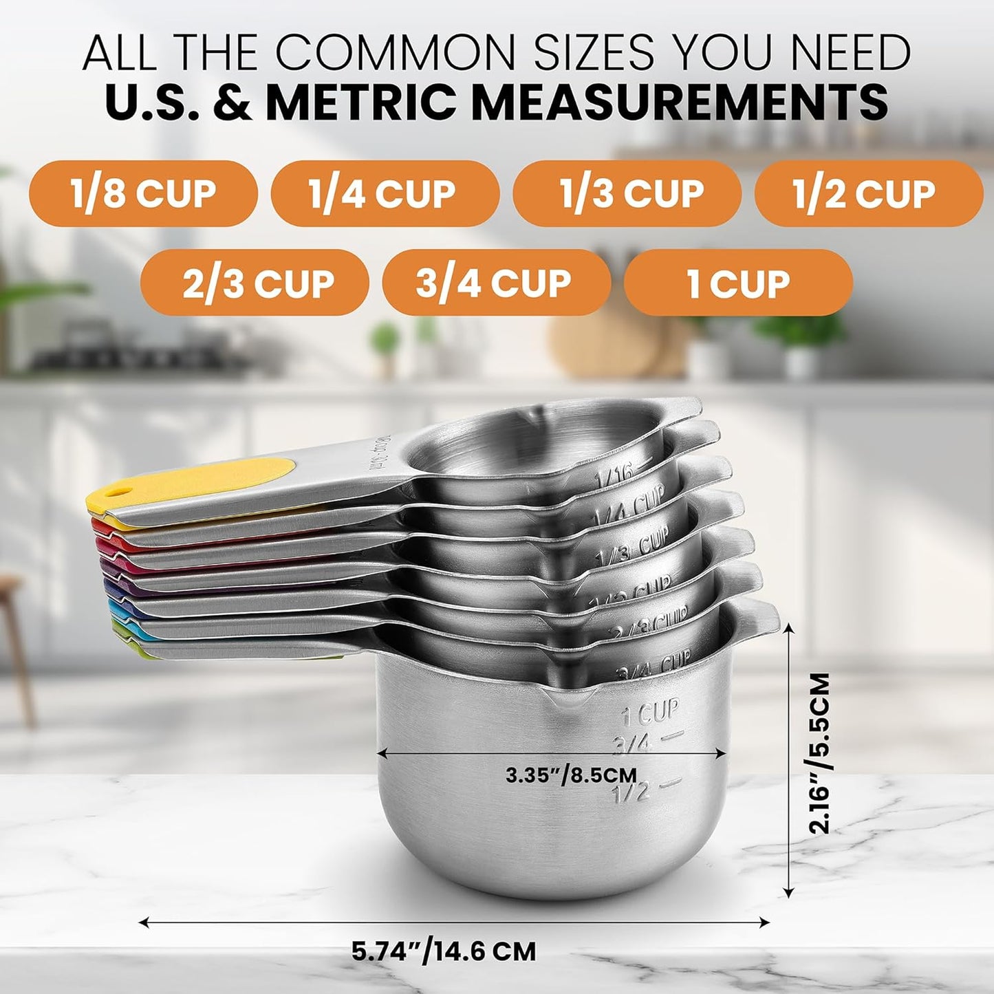 Spring Chef Magnetic Stainless Steel Measuring Cups (Patent Pending), Kitchen Tools with Easy to Read Markings for Measuring Dry or Liquid Ingredients, Set of 7, Multicolor