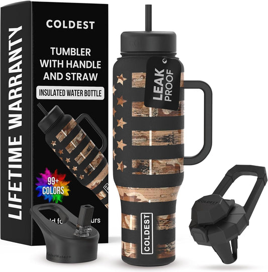 Coldest 40 oz Tumbler with Handle and Straw, 100% Leak Proof Insulated Tumbler with Lid and Straw (3 Lids), Stainless Steel Tumblers for Women & Men, Cup Holder Friendly, 46 oz (Camouflage Flag)