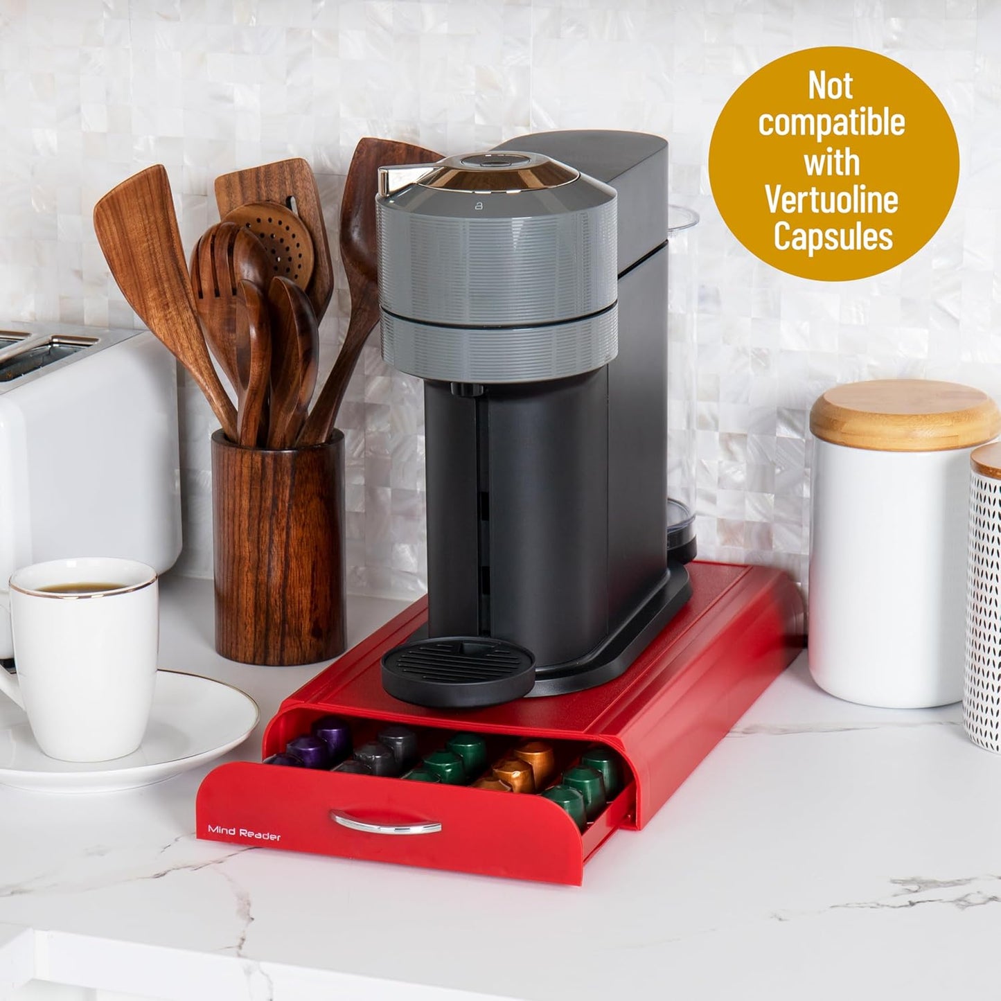 Mind Reader Nespresso Compatible Capsule Drawer, Countertop Organizer, Coffee Pod Holder, Storage, 9.25"L x 15"W x 2"H, Red