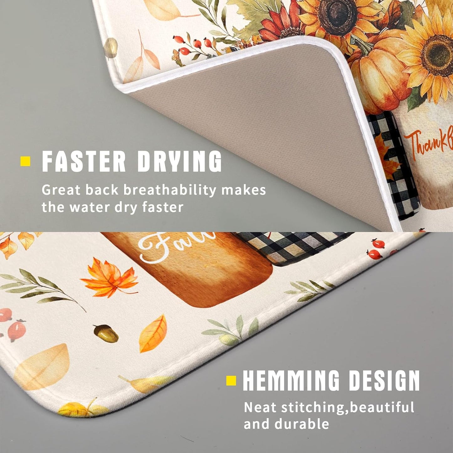 Autumn Sunflowers Vase Dish Drying Mat for Kitchen Counter,Fall Pumpkin Maple Leaves Drying Mat 16 x 18 Inch with High Absorbent Microfiber Dish Drying Drainer Mat for Coffee Bar