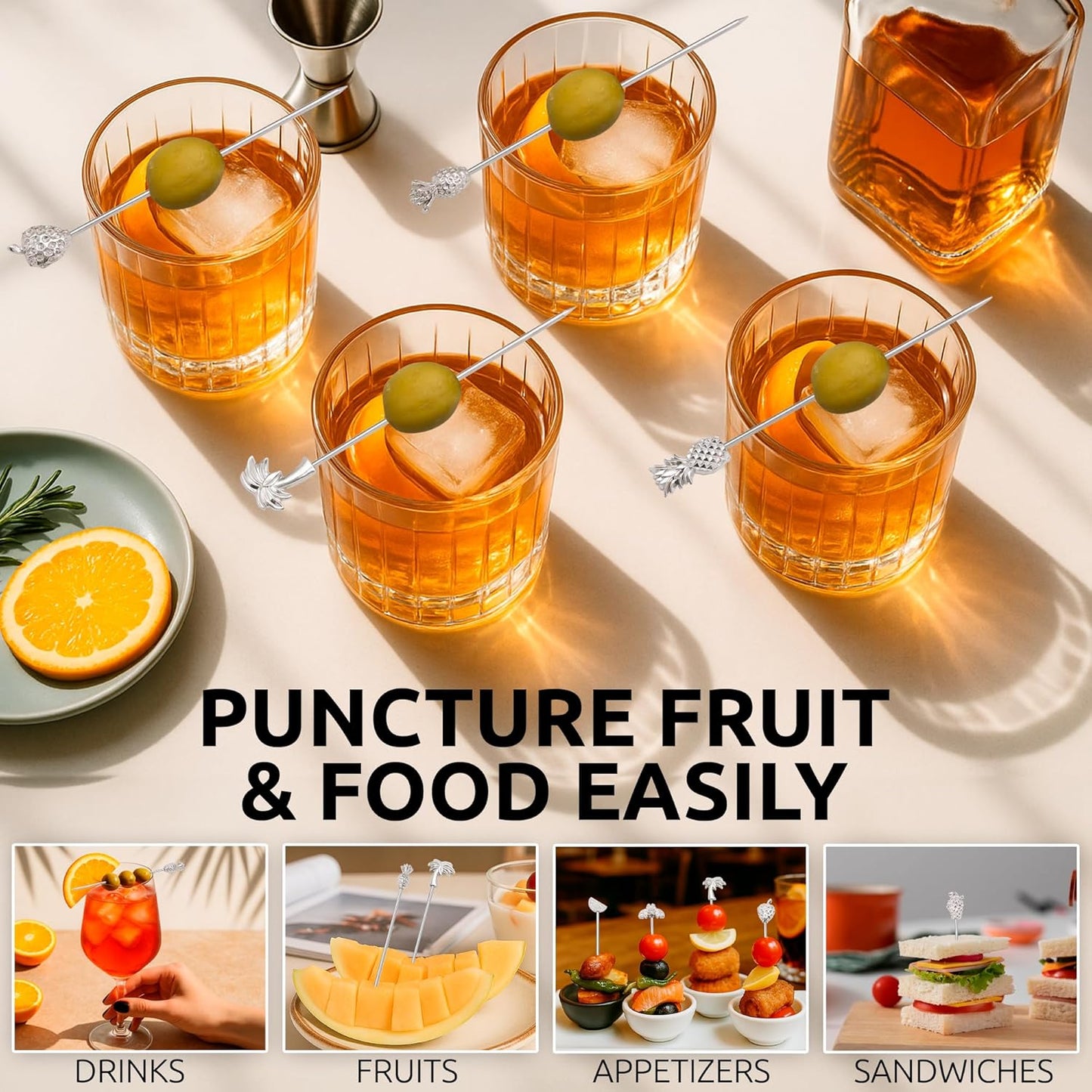 DEMIGO Fruit-Shaped Cocktail Picks, 8 Stainless Steel Reusable Skewers with Tropical Toppers - Olive Stuffers Martini Picks set Fruit Toothpicks Garnish Skewers Appetizer Drink Stick