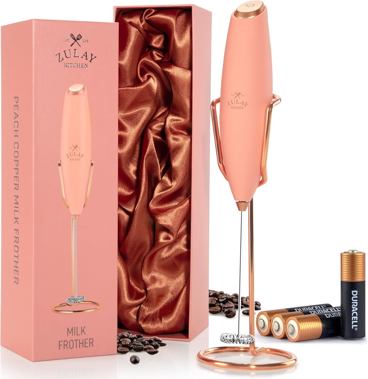 Zulay Kitchen Executive Series Luxury Gift Milk Frother with 4 Duracell Batteries – Handheld Electric Foam Maker for Coffee, Lattes & Hot Chocolate – Deluxe Finish, Ultimate Gift for Coffee Lovers