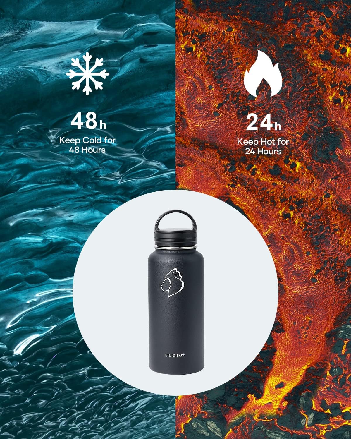 BUZIO 32 oz Water Bottle Insulated with Straw & 3 lid and Carrying Pouch, Leak Proof Anti-Slip Stainless Steel Water Flask Jug, Cold for 48 Hrs Double Vacuum Thermo Canteen, BPA-Free, Black