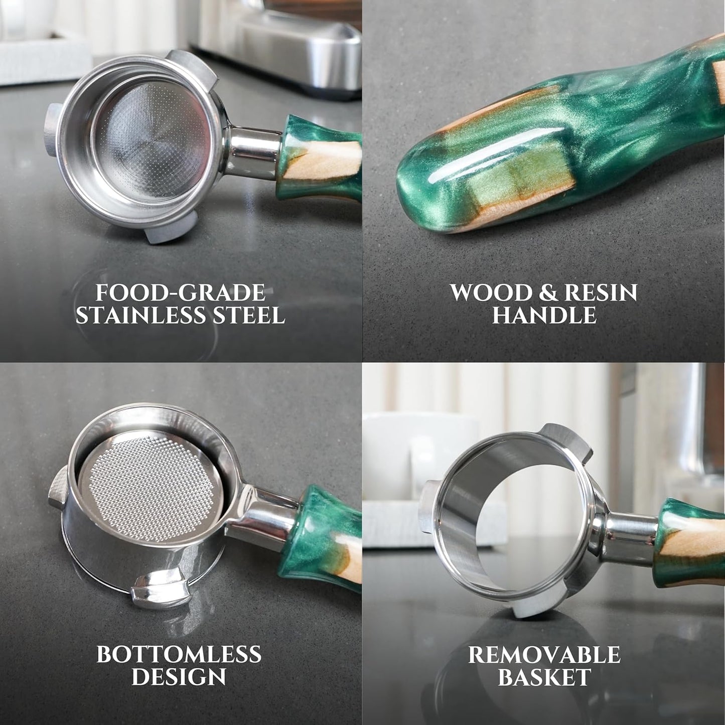 54mm Bottomless Portafilter Modern Handle – Includes Stainless Steel Naked Basket – Fits Breville Barista Express & 54mm Breville Espresso Machines - Espresso Machine Accessories – Green