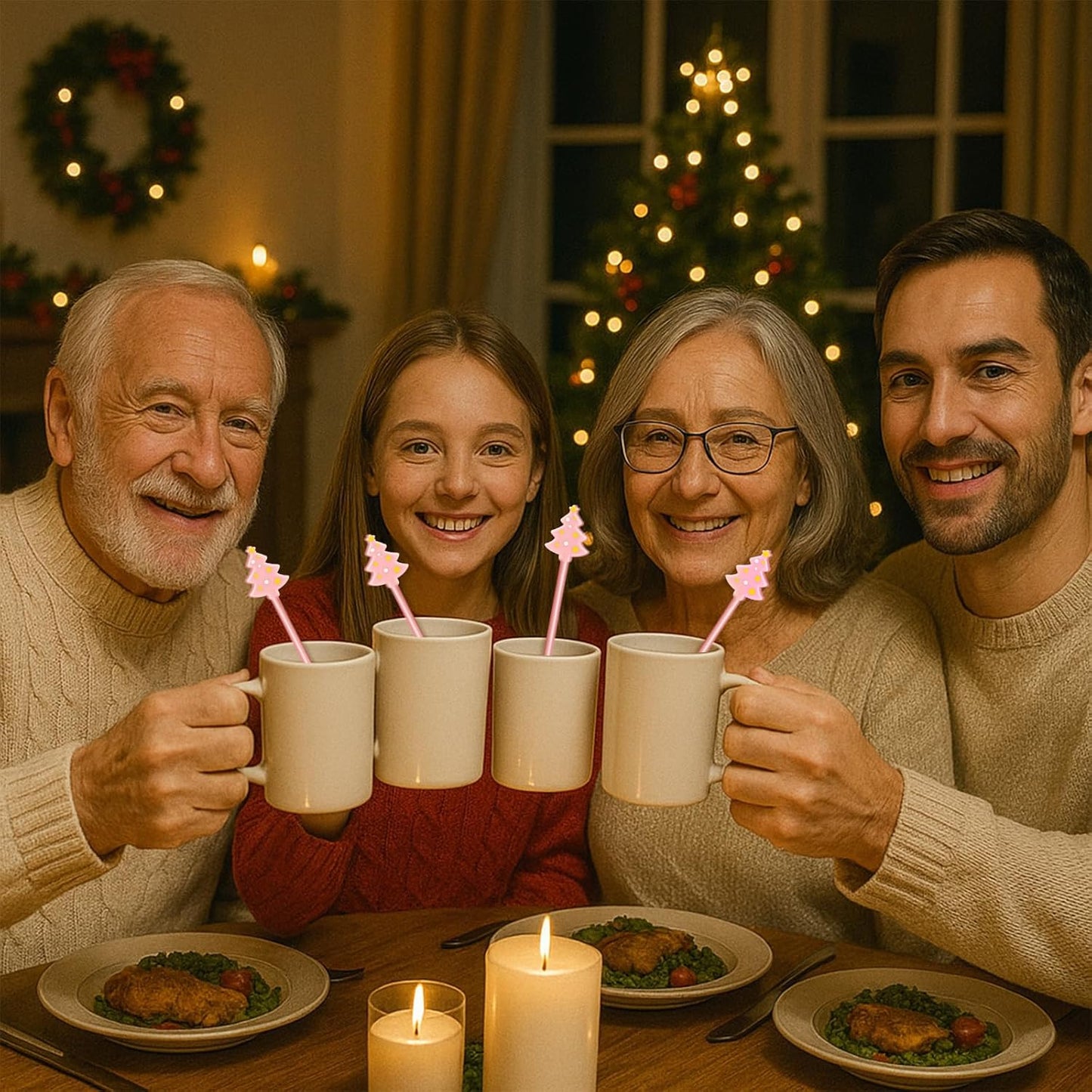 30 Pcs Christmas Drink Stirrers Xmas Stir Stick Holiday Coffee Swizzle Stick Reusable Plastic Hot Cocoa Bar Chocolate Decoration Cocktail Mixer(Christmas Tree,Pink Color)