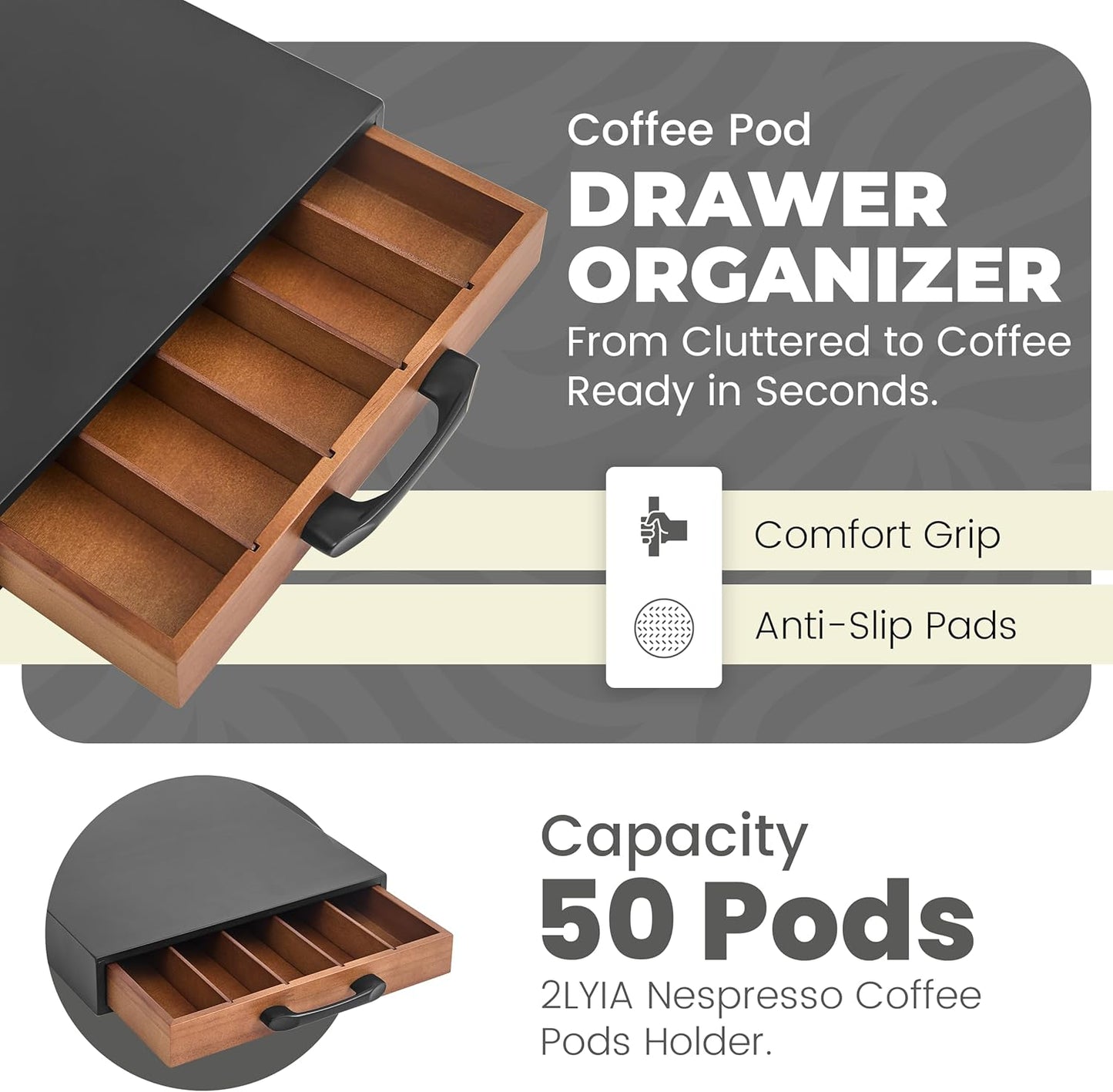 Coffee Pod Holder Compatible with Nespresso OriginalLine Capsules – 50-Pod Acacia Wood Drawer Organizer with Anti-Slip Base – Space-Saving Coffee Capsule Storage for Espresso Stations & Countertops
