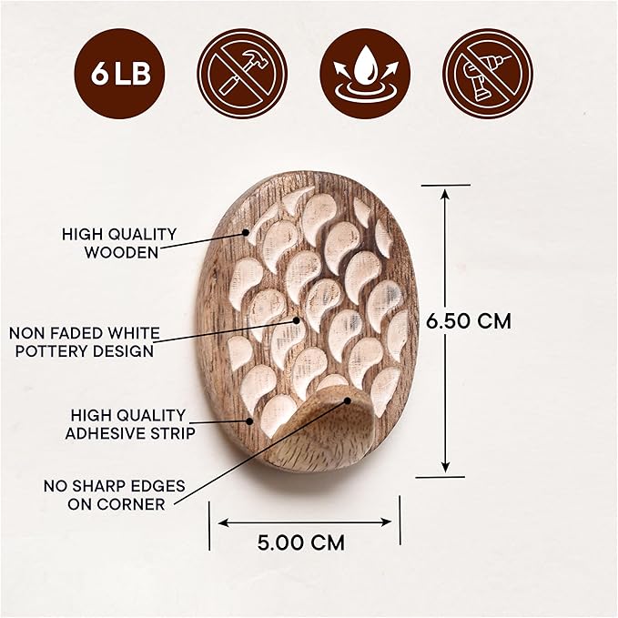 Indian Shelf 6 Lb- 3 Pieces Decorative Wood Adhesive Wall Hooks–Boho Peel and - Image 5