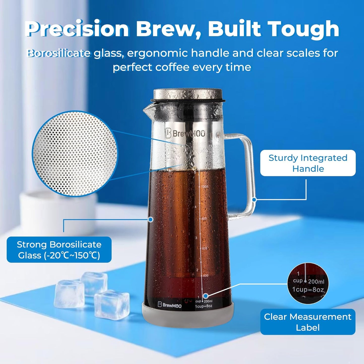 BrewMOO- Airtight Cold Brew Coffee Maker Pitcher, 1.4L/48Oz Thick Glass Carafe with Filter, Comfort Sturdy Handle & Wide Spout, Non-Slip Base | Iced Tea Maker (Grey)