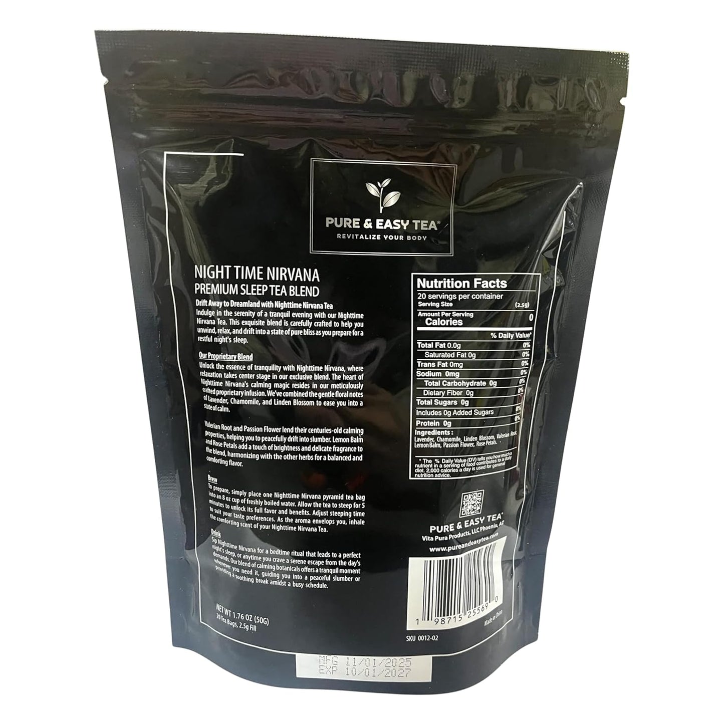 Pure And Easy Tea, Nighttime Nirvana, Natural Sleep & Relaxation Tea, Caffeine-Free Loose Leaf Blend with Chamomile, Lavender & Lemon Balm, Premium Wellness Tea, 20 BPA-Free Sachets