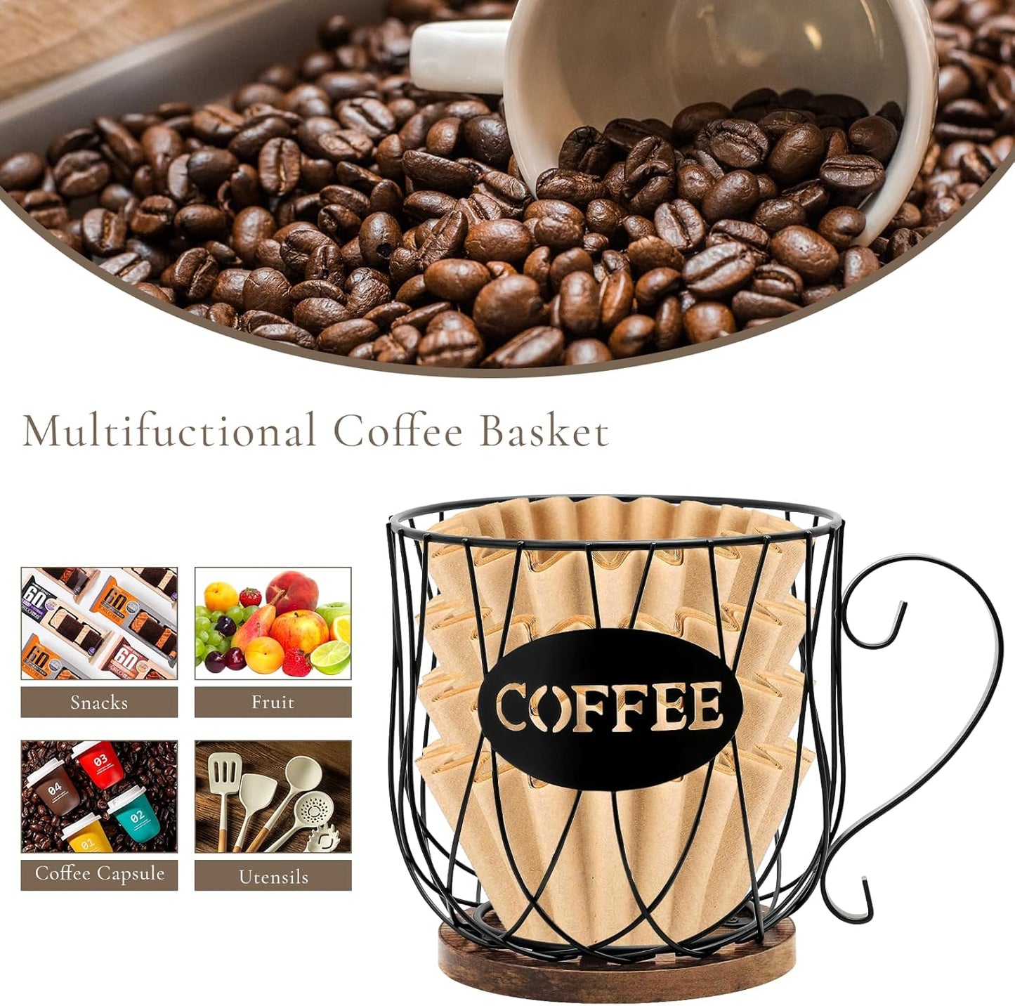 Rustic Metal K-Cup Coffee Pod Holder Mug - Large Wire Basket with Wooden Base for Countertop Coffee Storage - Farmhouse Decor for Home & Office (Rustic Brown-Round)