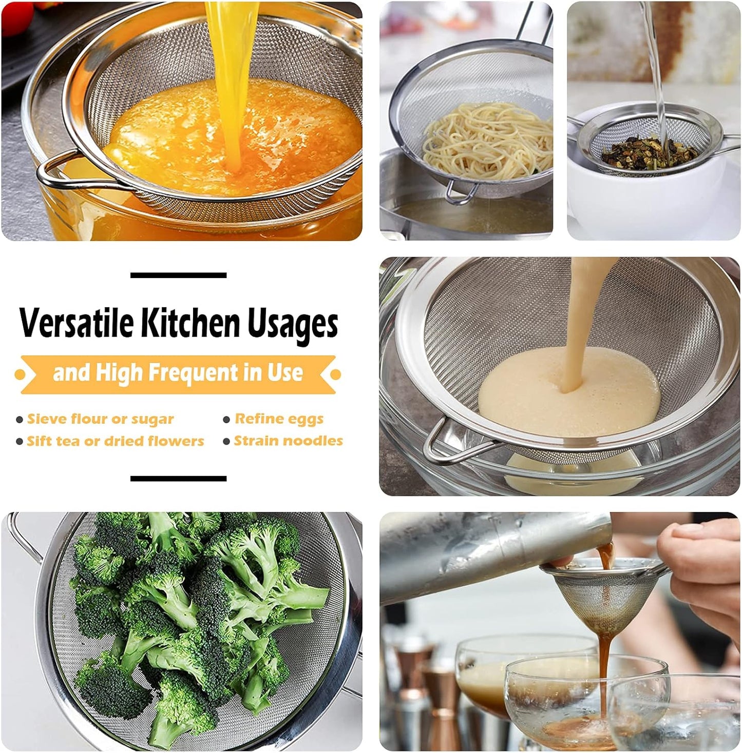 Stainless Steel Fine Mesh Strainers, Set of 3 Sizes Strainer for Kitchen, Wire Sieve with Insulated Handle Kitchen Strainer, Baking Tools Colander, Food Preparation, Flour Sifter, Rice, Pasta Strainer