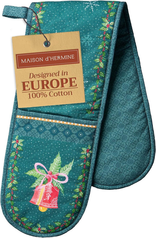 Maison d' Hermine Double Oven Mitts 100% Cotton 7"x35" Double Oven Mitt Heat Resistant BBQ Cooking Gloves with Loop, Baking, Grilling, Home, Kitchen, Handling Hot Pans (Hygge Christmas)