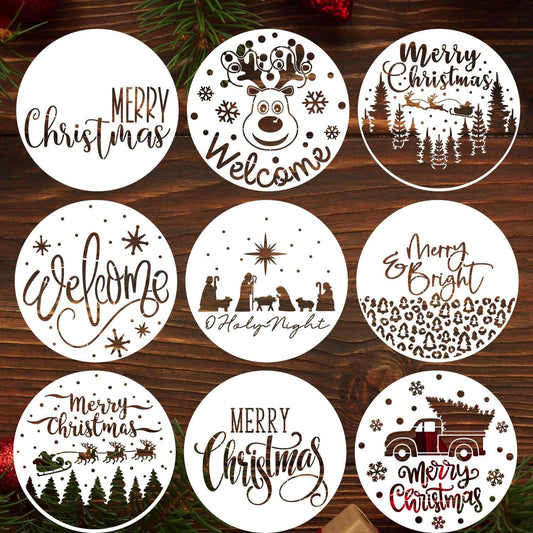 Christmas Stencils 12” Christmas Stencil for Wood Round Xmas Stencil for Painting Holiday Stencils Merry Christmas Holy Night Drawing Templates for Door Hanger Porch Wreath Home Decor