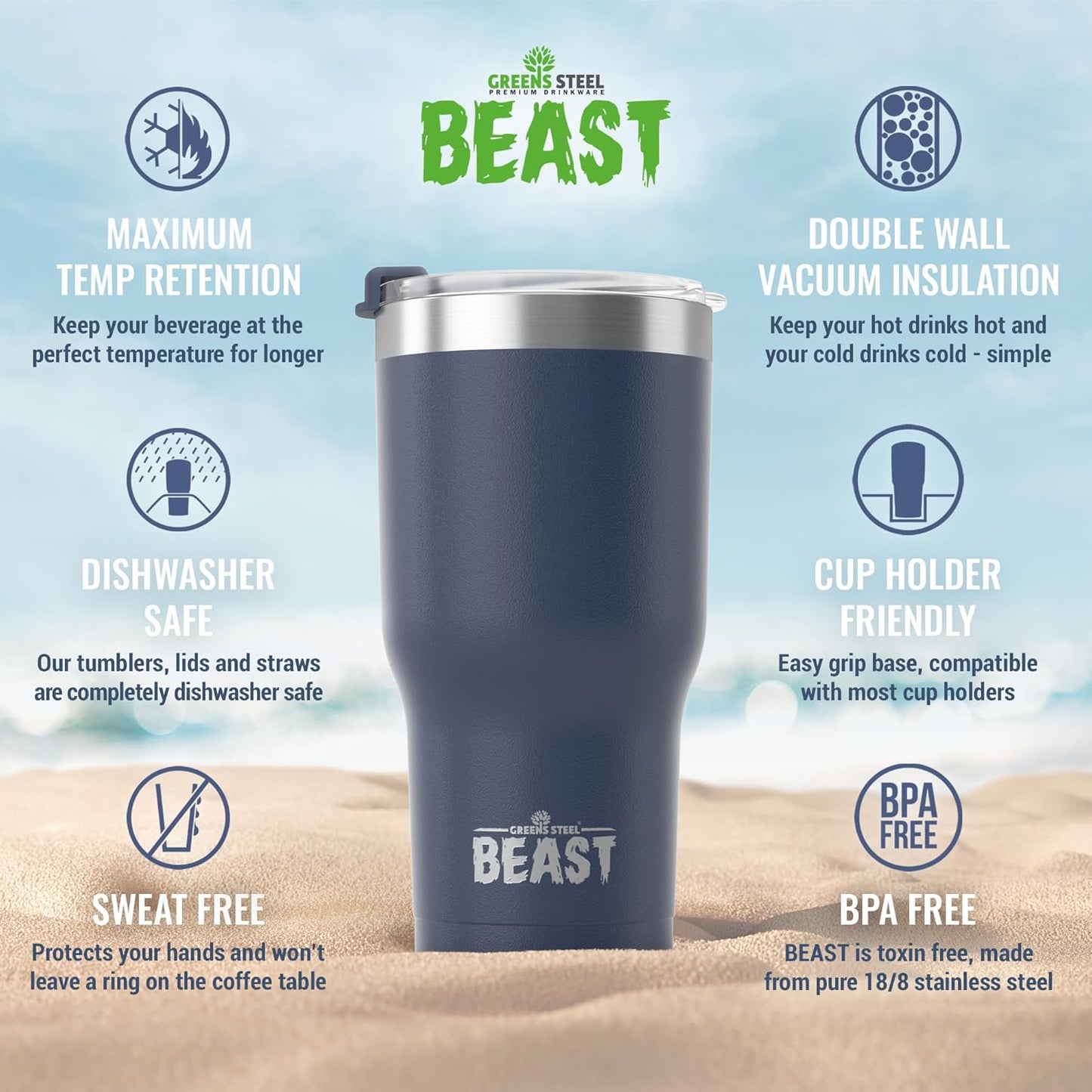 Beast 40 oz Tumbler Stainless Steel Vacuum Insulated Coffee Ice Cup Double Wall Travel Flask (Navy Blue)