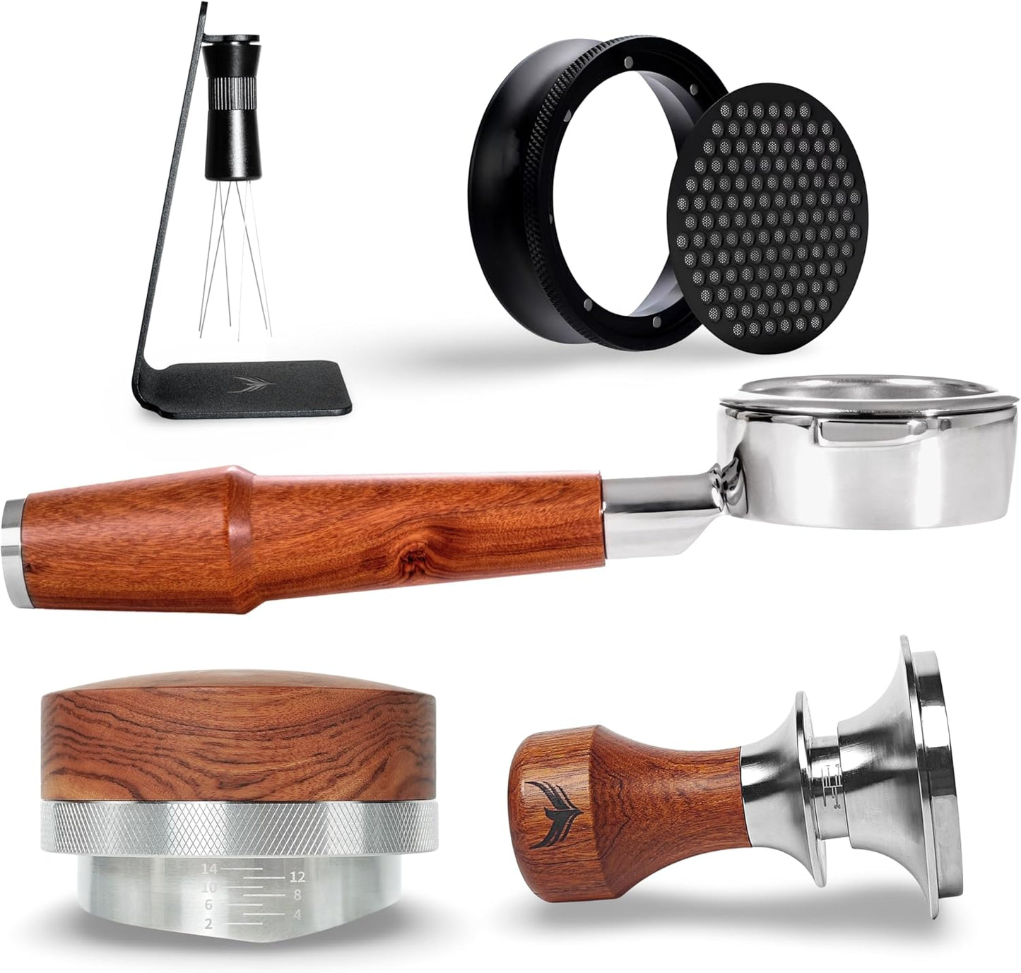 58mm Essential Barista Tools Set for E61 Espresso Machines - Naked Portafilter, Coffee Leveler, Dosing Funnel, Advanced Espresso Tamper, and Needle Distributor