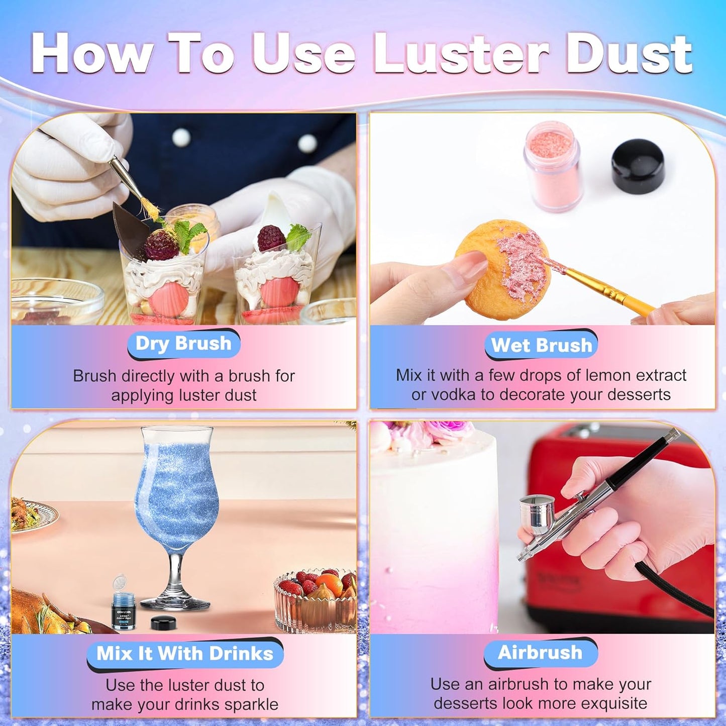 Edible Glitter for Cocktails Cakes Drinks, Rose Gold Edible Glitter, Gold Edible Glitter, Blue Edible Glitter, Purple Edible Glitter, Luster Dust Edible Drink Glitter Spray 4 Colors