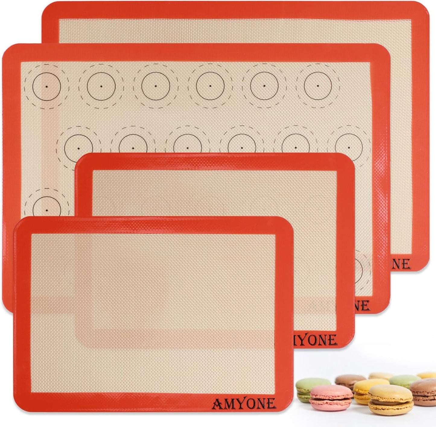 Silicone Baking Mats Set of 4, Non Stick Reusable Silicone Liners for 11" x17" Half Sheet and 8" x 12" Quarter Sheet for Baking Macaron/Cookie/Bread/Pastry