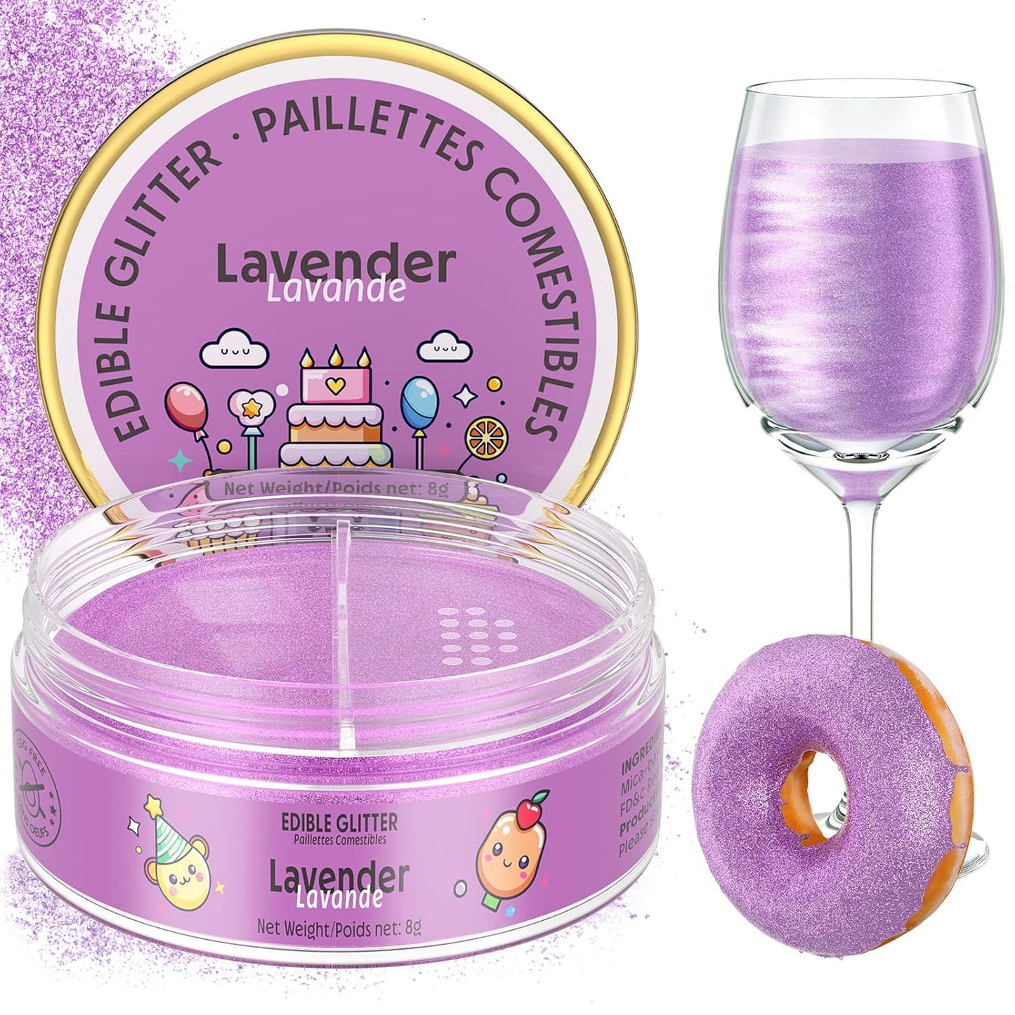 Nomeca Edible Glitter for Drinks Cakes, 8 grams Food Grade Luster Dust Sprinkles Glitter for Cake Decorations, DIY Cocktails, Beverages & Cake Decorating, Dessert Cake Topper (10-Lavender)