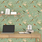 Laatse Green Floral Wallpaper Peel and Stick Bird Wallpaper Pink Flower Contact - Image 7
