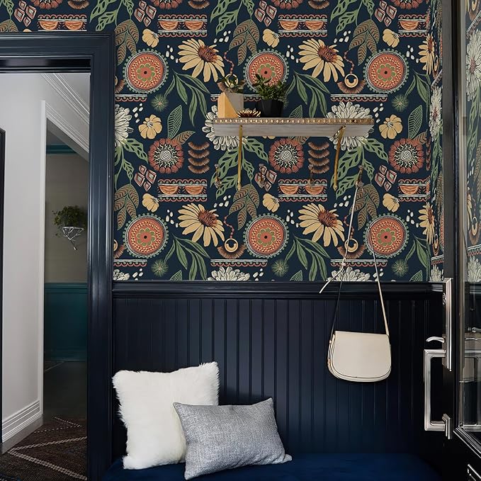 Simon&Siff Boho Peel and Stick Wallpaper, 17.3" x 480" Blue Sun Floral Retro - Image 6