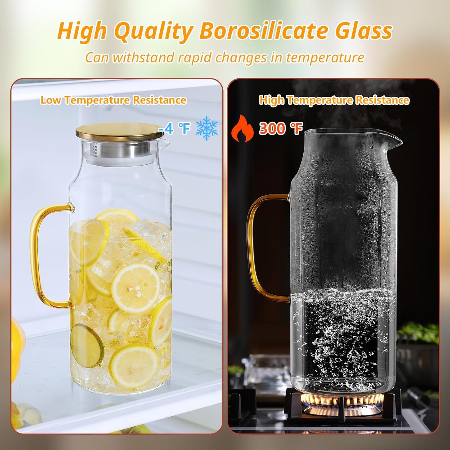 2 Pack 2 Liter 68 oz Glass Pitcher with Lid and Spout, Gold Glass Water Pitcher for Fridge, Glass Carafe for Hot/Cold Water, Large Jug for Iced Tea, Coffee, Juice and Homemade Beverage