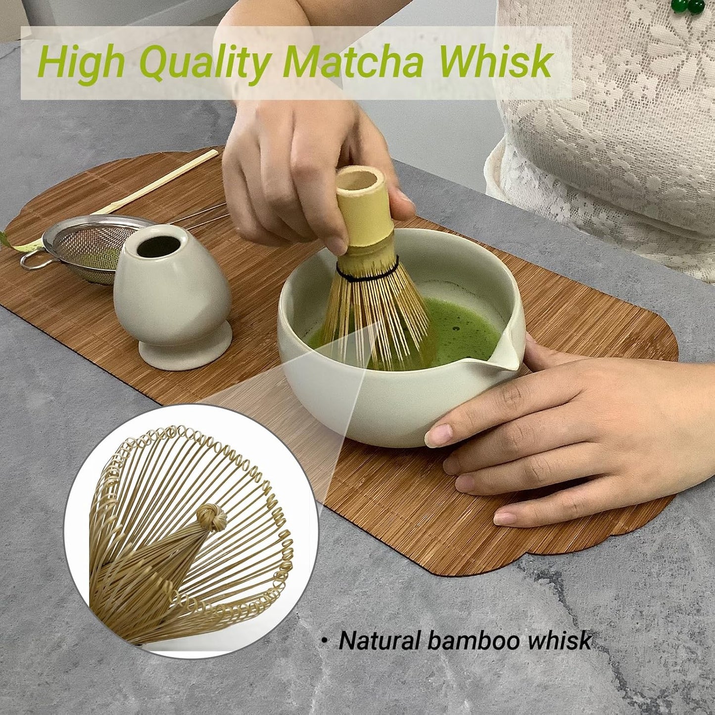 Matcha Whisk Set – 5 Pcs Matcha Set Whisk and Bowl with Spout, Bamboo Scoop, Sifter & Holder – Ru Kiln Matcha Bowl Japanese Tea Kit for Gifts, Home Use & Ceremonial Rituals (White)