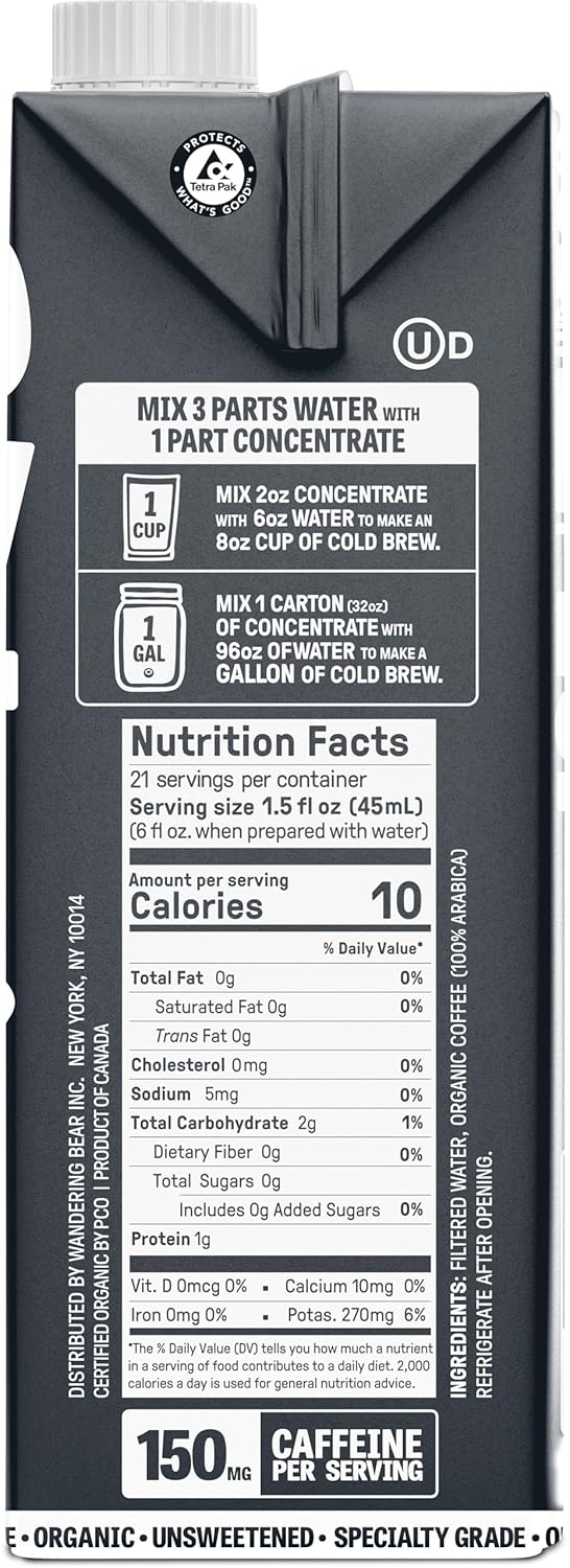 Wandering Bear Organic Unsweetened Extra Strong Cold Brew in a Box Coffee, Shelf-Stable, 21 Servings, Ideal for Wandering Black Concentrate