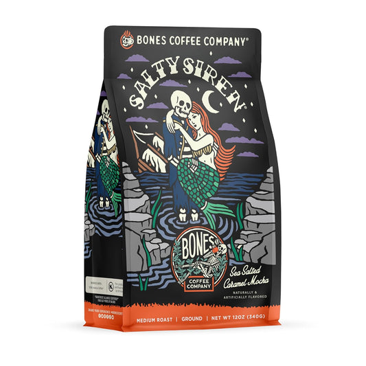 Bones Coffee Company Salty Siren, Sea Salted Caramel Chocolate Flavored Coffee, Medium Roast Low Acid Arabica Beans Compatible with Auto drip and French Press Coffee Maker, 12 Oz Ground
