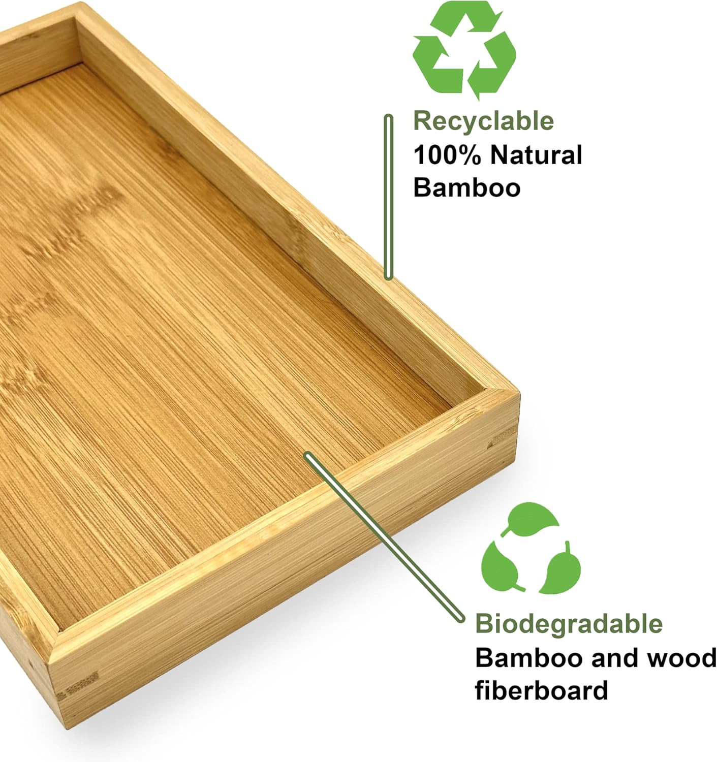 Bam & Boo - Natural Bamboo Serving Tray Modern Rectangular - for Food, Drinks, Decor, Vanity in Home, Kitchen, Bathroom, Coffee Table, Bed(Large, 13.75” x 10.25" x 1.2")