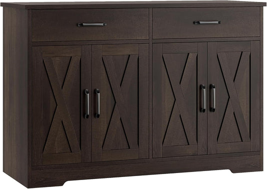 HOSTACK Buffet Cabinet with Storage, 47.2" Kitchen Sideboard Buffet with Drawers, Modern Farmhouse Coffee Bar Station with Shelves, Barn Doors Storage Cabinet for Living Room, Dark Brown