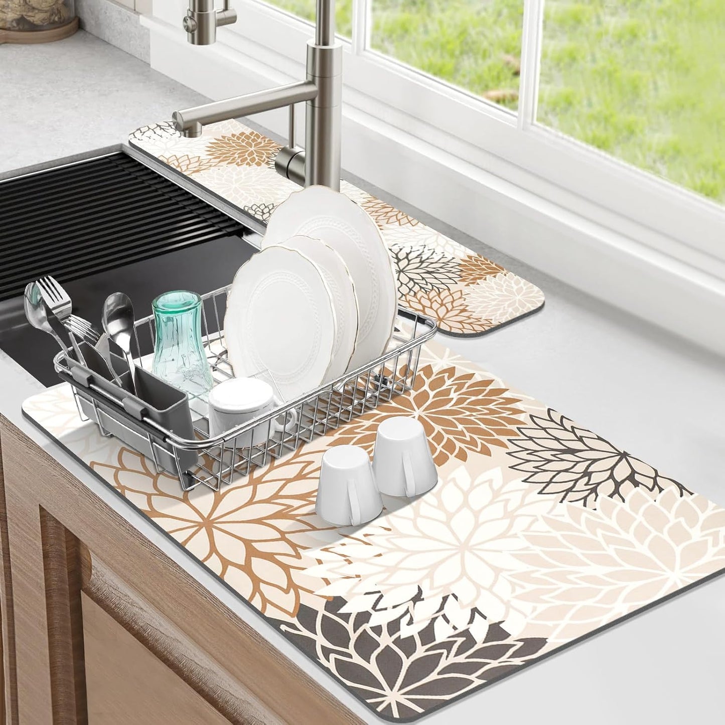 Findosom 2PCS 16" x 24" Dish Drying Mat & 24" x 5.5" Sink Splash Guard, Super Absorbent & Cuttable Dish Mat Drying Kitchen Mat with Brown Floral, Hide Stain Drying Mat for Kitchen Counter