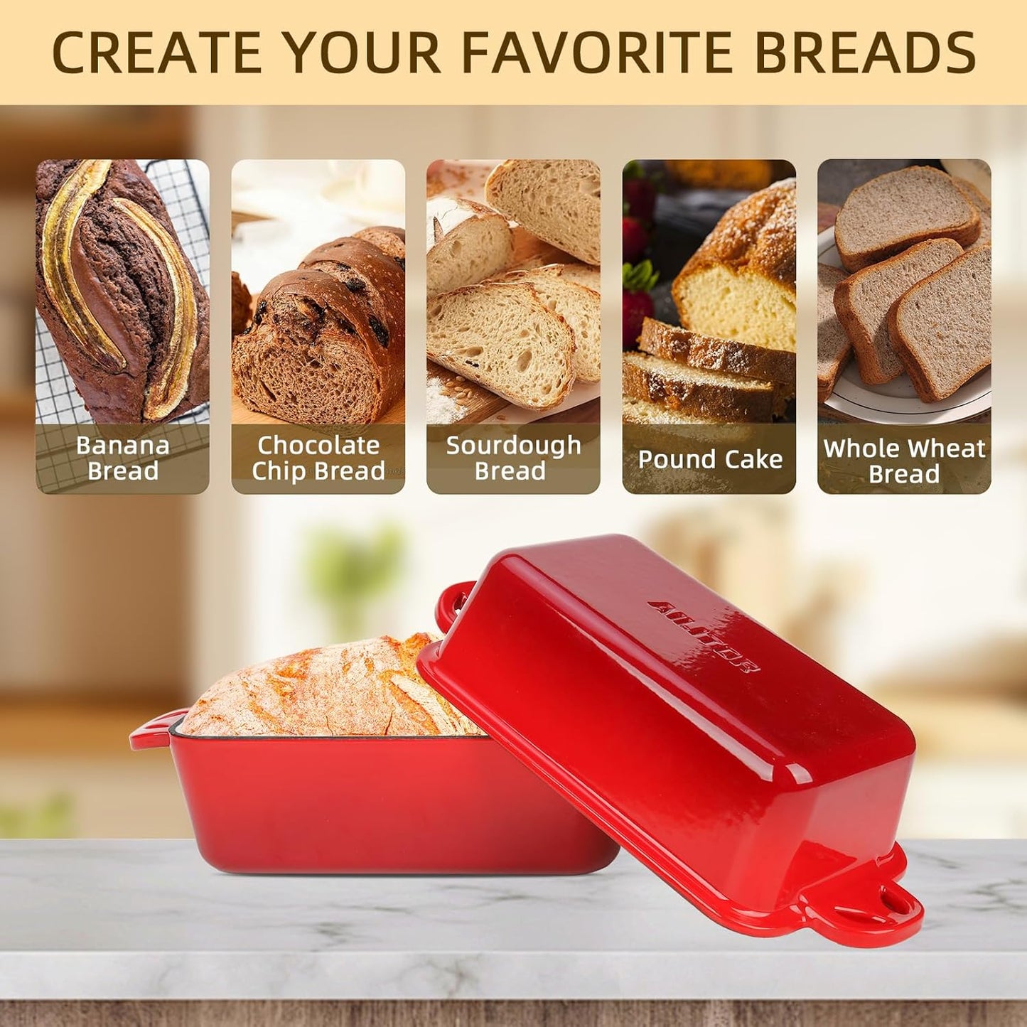 9x5 Enameled Cast Iron Loaf Pan with Lid - 2 in 1 Homemade Sourdough Bread Baking Pan