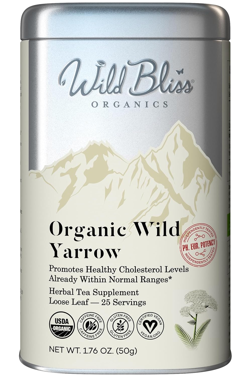 Wild Bliss Organic Yarrow Tea - Caffeine Free Loose Leaf Herbal Tea - Pharmacopoeia Potency - 1.76 Ounces - 25 Servings