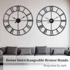 30 Inch Wall Clock Decorative, Oversized Large Black Metal Roman Numeral Silent - Image 3