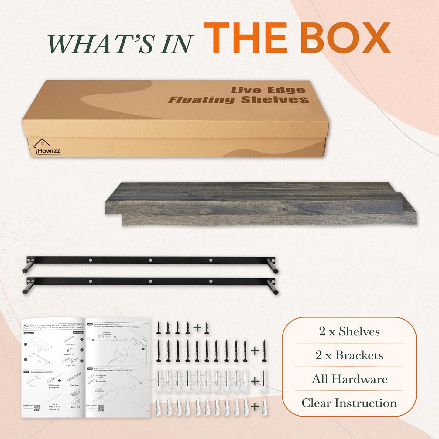 24" Acacia Live Edge Floating Shelves Set of 2 - Wall Mounted Wooden Shelf for Stylish Home Décor - Mocha Color 24x7.5x1.5 Inches